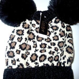 NWT Minky Brand Leopard and Black Double Pom Pom Winter Hat One Size Plush